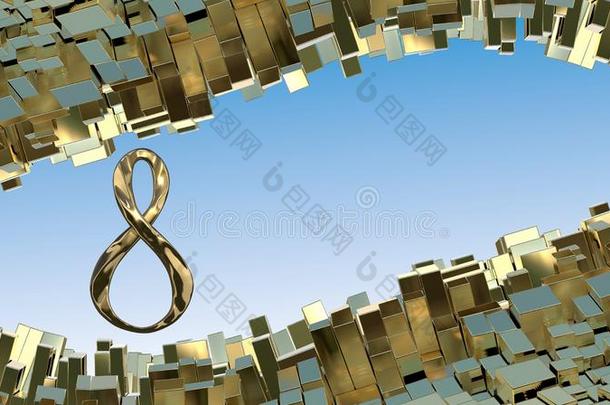 3月8日，由铸金银或铂金制成的文字，在抽象的山景背景上<strong>飞舞</strong>金属盒。