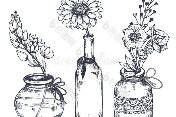 花束与<strong>手绘花卉</strong>和植物在花瓶罐子。