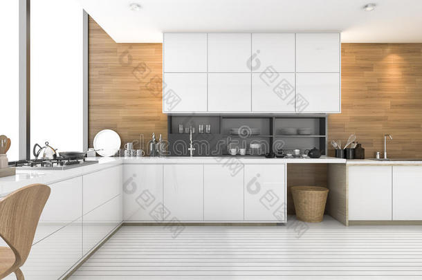 三维渲染良好的木材厨房与阁楼设计