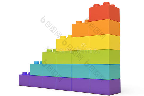 彩色楼梯的三维渲染，由许多砖块在白色背景上。