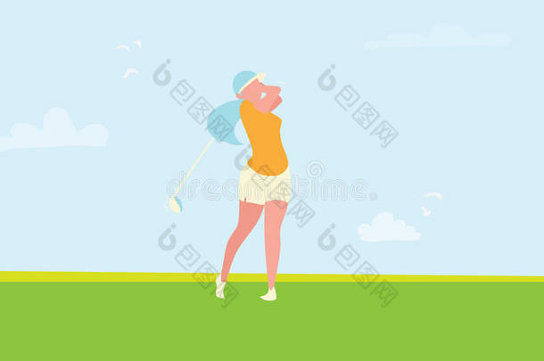 漂亮的高尔夫女孩。 女高尔夫球手。 体育比赛比赛。