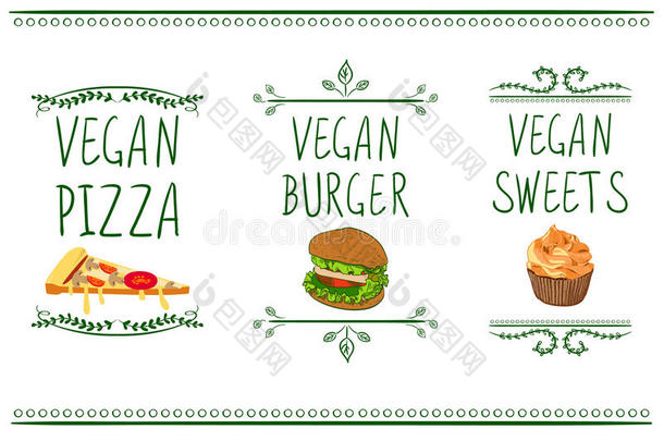 手绘矢量菜单图标：素食披萨，汉堡和糖果