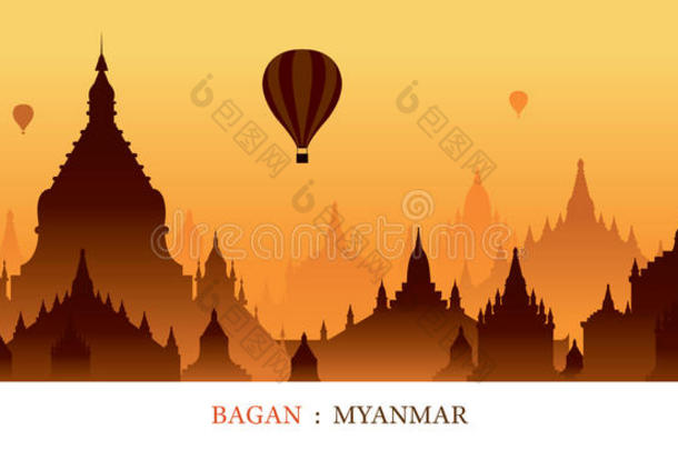 巴根，缅甸，地标剪影日出背景