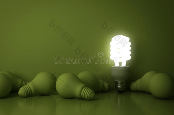 节能灯泡，一个发光的荧光灯灯泡从绿色背景上的死白炽灯泡中脱颖而出