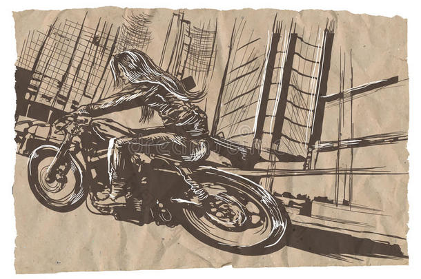骑摩托车的女人。 手绘矢量。 徒手绘画。