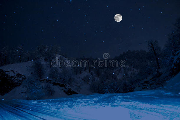 森林在一片充满雪的草地上，在高山上，晚上在满月的光线下，有雪顶。 阿塞拜疆。 莱里克