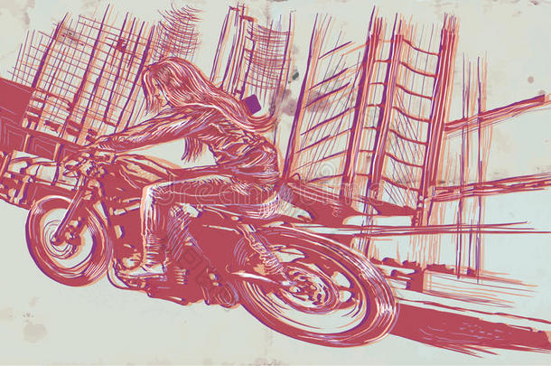 骑摩托车的女人。 <strong>手绘</strong>矢量。 徒<strong>手绘</strong>画。