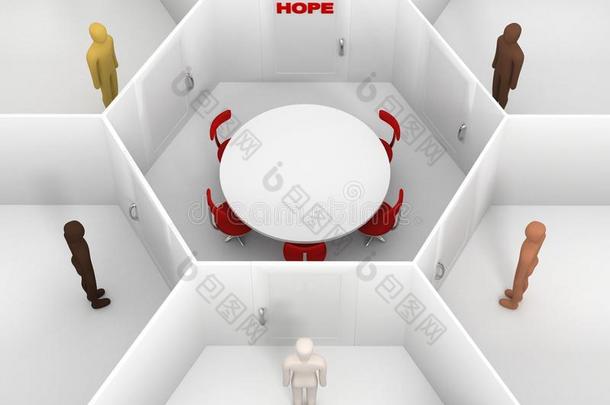 五个人站在封闭的白色房间周围，有圆桌，紧闭的门上有红色的希望标志。 会见人讨论