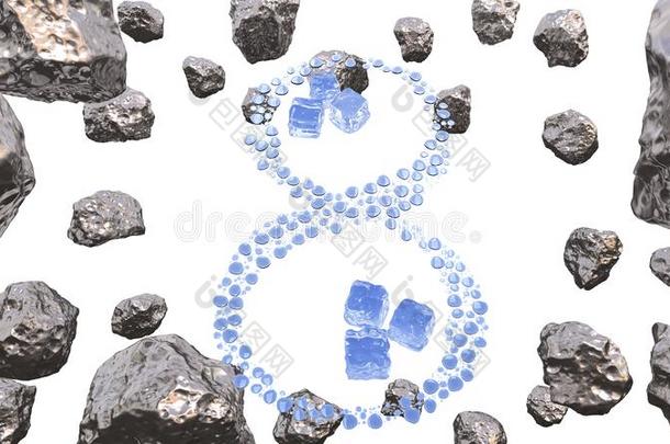 三月八号。 由水滴和冰块组成的八个数字，宝石块在太空中与小行星飞行。 装饰格里蒂
