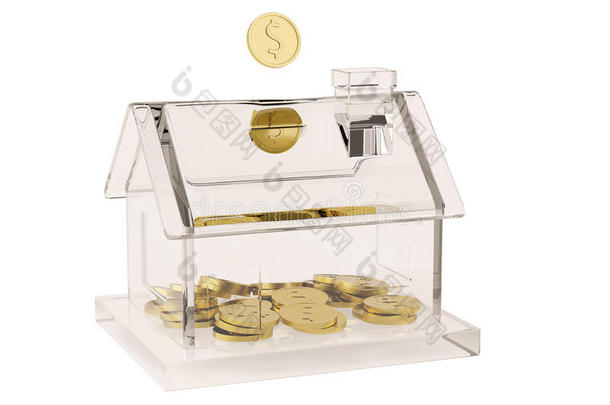 玻璃房子形状的储蓄罐和金币。 三维插图。