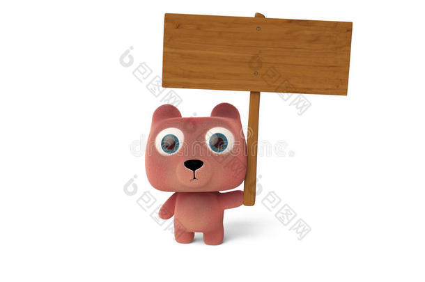 一只<strong>卡通</strong>熊拿着一个木制标志，3D插图。