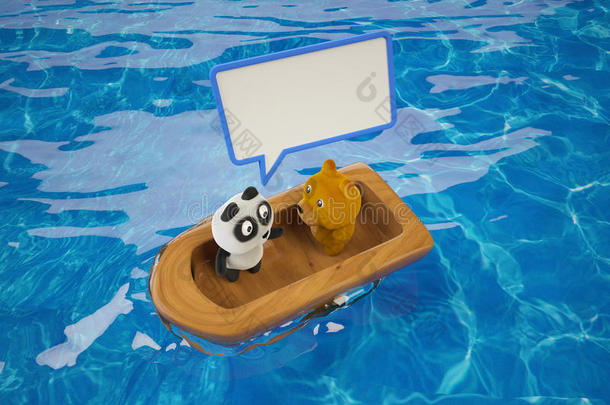 一只熊猫和一只狗在木船上，第一部分。 三维渲染。