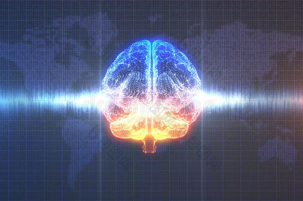 头脑风暴-橙色和蓝色数字大脑与脑电波动画