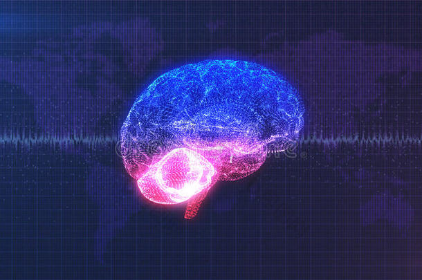头脑风暴-粉红色，紫色和蓝色的大脑与脑电波动画
