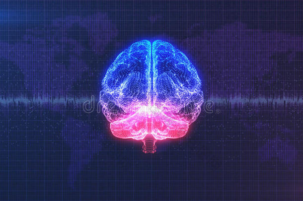 大脑图像-数字粉红色，紫色和蓝色的大脑与脑电波动画