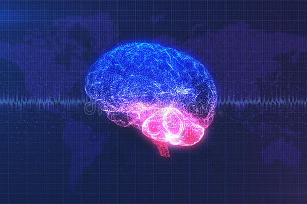 脑计算机图像-数字粉红色，紫色和蓝色的大脑与脑电波动画