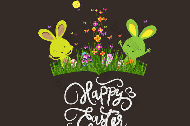 五颜六色的春天草地，鸡蛋和复活节兔子