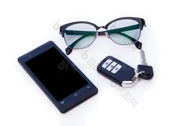 <strong>汽车</strong>钥匙<strong>遥控</strong>器，黑眼镜，智能手机，手机