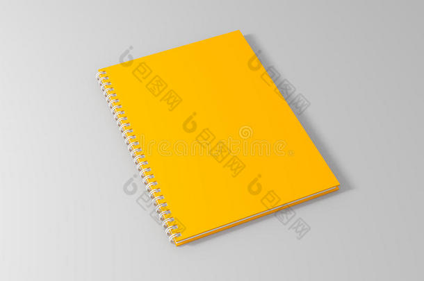 空白空黄色螺旋笔记本模板在干净的白色背景上。 三维插图