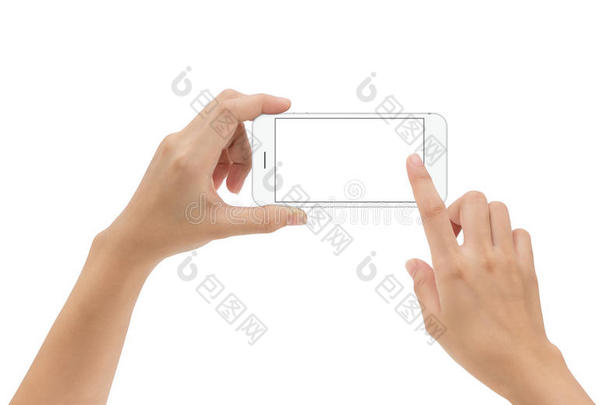 手拿手机，手机和触摸屏幕隔离在白色