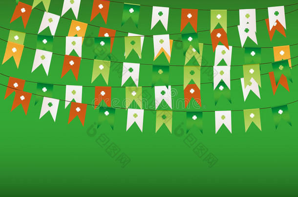 五颜六色的节日彩旗和三叶草。 爱尔兰假日-帕特里克日