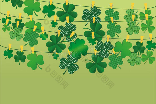 绿色节日彩旗与三叶草。 爱尔兰假日-帕特里克