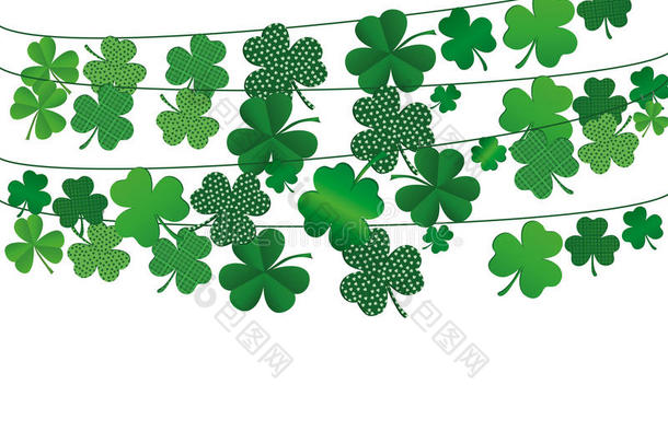 绿色节日彩旗与三叶草。 爱尔兰假日-帕特里克