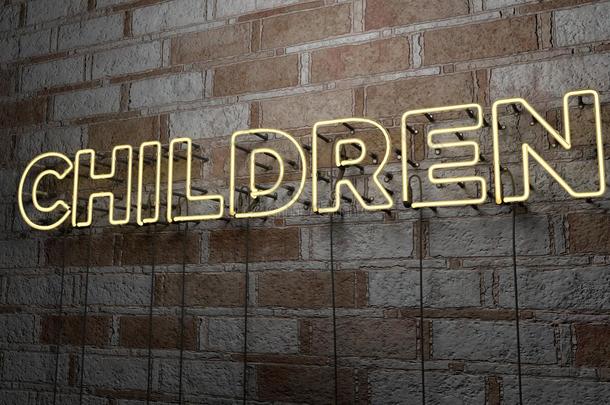 儿童-发光霓虹灯标志在石墙-3D提供版税免费股票插图