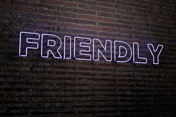 友好-现实的霓虹灯标志在砖墙背景-3D提供版税免费股票形象