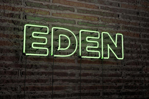 伊甸园-现实的霓虹灯标志在砖墙背景-3D渲染版税免费股票形象
