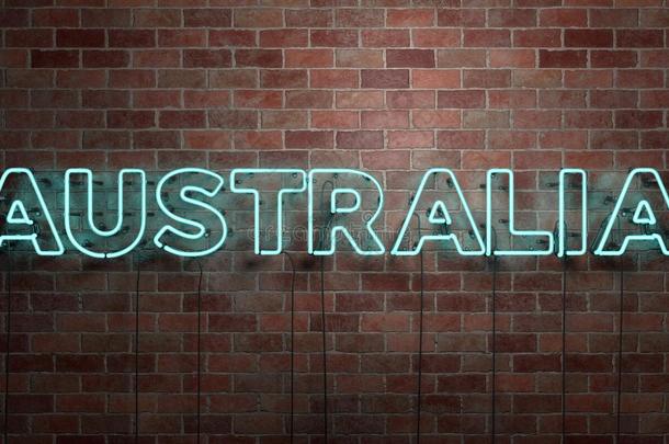 澳大利亚-荧光<strong>霓虹灯</strong>管标志在砖瓦-正面视图-3D渲染版税免费股票图片