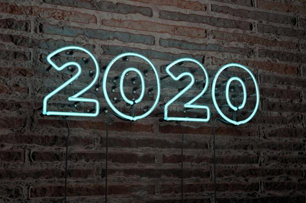 2020年-砖墙背景上的现实霓虹灯标志-3D渲染版税免费股票形象