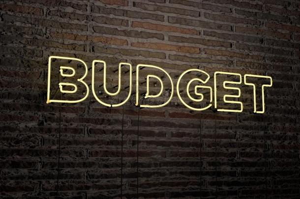 预算-现实的霓虹灯标志在砖墙背景-3D提供版税免费股票形象