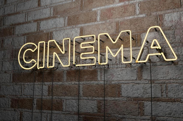 电影-发光霓虹灯标志在石墙-3D渲染版税免费股票插图