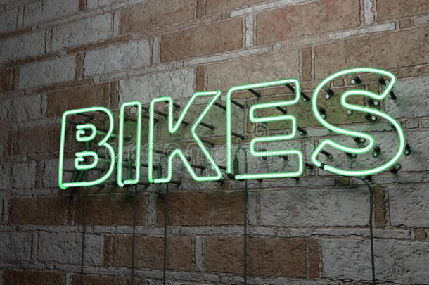 自行车-发光霓虹灯标志在石墙-3D提供版税免费股票插图