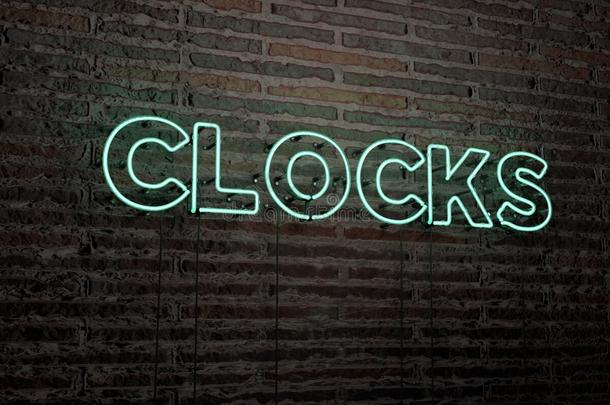 时钟-现实的霓虹灯标志在砖墙背景-3D渲染版税免费股票形象