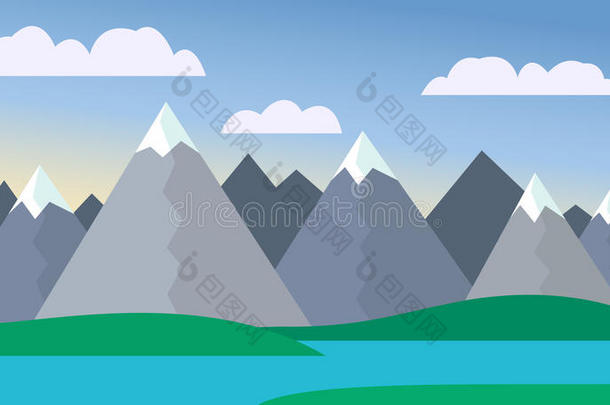 卡通风景在去山上的路上，用红色的热气球在山上飞行，在山顶上有树木和雪