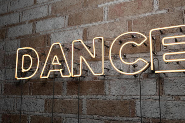 舞蹈-发光霓虹灯标志在石墙-3D渲染版税免费股票插图