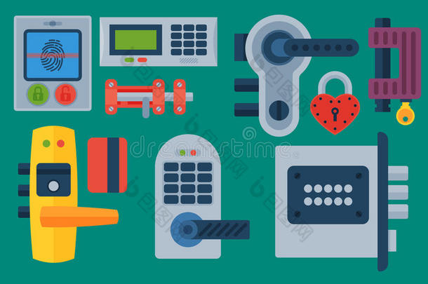 不同的门锁图标设置矢量安全密码隐私元素与钥匙和挂锁，保护安全