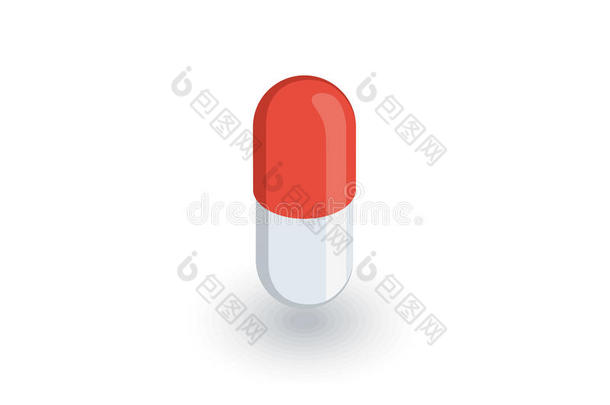 胶囊红色药丸等距平面图标。 三维矢量