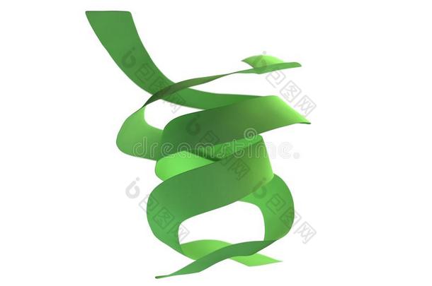 绿色丝带在白色3D插图上<strong>飞舞</strong>和弯曲