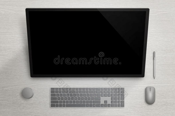大触摸屏显示在灰色表面板上。 笔，鼠标，键盘和拨号旁边