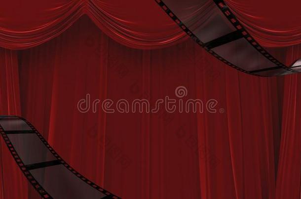 电影卷轴在红色窗帘的背景