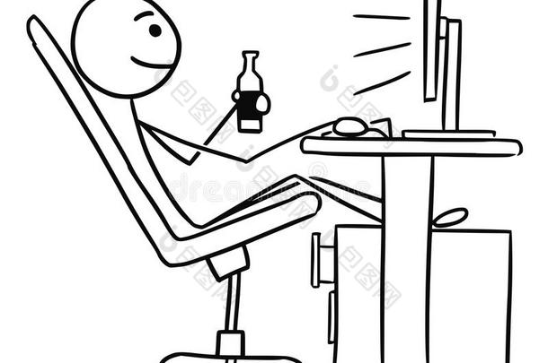卡通人物坐在电脑前喝啤酒