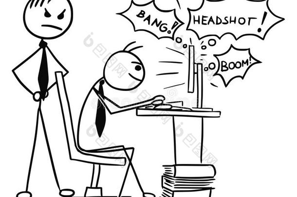 在工作期间，男人在电脑屏幕上玩电子游戏的卡通
