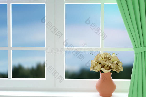 窗外玻璃花瓶里的一束夏日玫瑰。 三维渲染