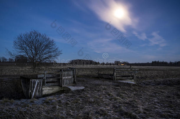 一扇开放的大门，在夜晚的田野上，满月