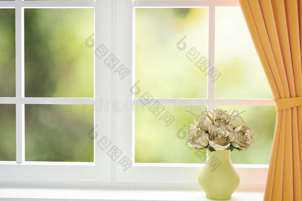 窗外玻璃花瓶里的一束夏日玫瑰。 三维渲染
