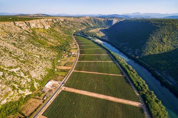 波斯尼亚和黑塞哥维那内雷特瓦河旁边著名的波斯尼亚山谷的鸟瞰图。
