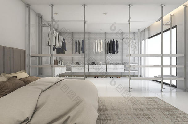 三维渲染现代床罩与步行在衣柜和衣柜